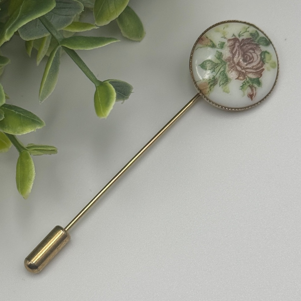 Vintage painted Floral Porcelain Stick Pin with Gold Tone